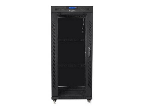 Szafa instalacyjna stojąca 19" 27U 600x600 czarna drzwi szklane LCD Lanberg (flat pack) - 1076975