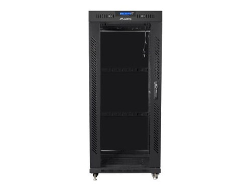 Szafa instalacyjna stojąca 19" 27U 600x800 czarna drzwi szklane LCD Lanberg (flat pack) - 1210037