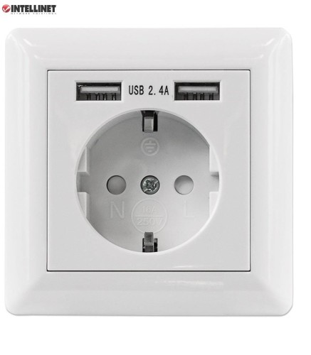 Gniazdko elektryczne podtynkowe z ładowarką 2 x USB 5V/2.4A ramka (białe) Intellinet - 693953