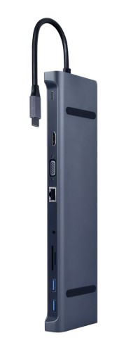 GEMBIRD MULTI ADAPTER TYP-C 10W1 (HUB USB + HDMI + VGA + PD + CZYTNIK KART + LAN + AUDIO 3,5 MM), SZARY - 1889066