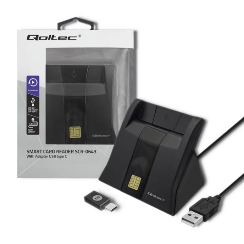 Czytnik kart chipowych ID Qoltec SCR-0643 | USB 2.0 + adapter USB-C - 1009973