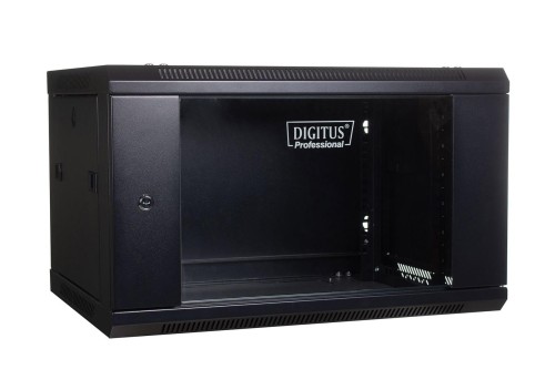 Szafa wisząca jednosekcyjna DIGITUS 19" 6U 368/600/450mm drzwi szklane czarna (RAL 9004) niezmontowana - 981153