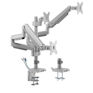 Uchwyt biurkowy do trzech monitorów szary Ergo Office ER-408G, ze sprężyną gazową, 17"-30", 7 kg, 1x USB 3.0, 2x mini-jack