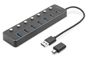 Hub USB 3.0/Koncentrator DIGITUS 7-portowy USB A + adapter USB-C 5Gbps z wyłącznikami aluminiowy aktywny