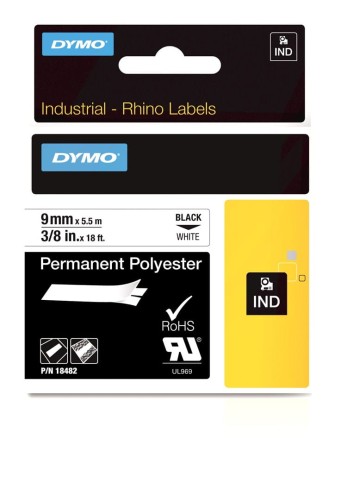 RHINO TAPE POLYESTER 9MMX5.5MM/BLACK ON WHITE IN - 1957999