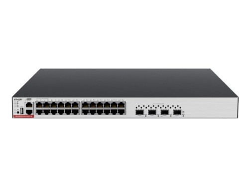 Zarządzalny Switch Ruijie | L3 | 24 porty 1Gbit + 4 porty SFP+ 10Gbit | 24 porty PoE+ (740W max) | 2 sloty na zasilacze (brak w zestawie) | Rack - 1959288
