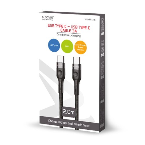 Kabel USB Typ C Savio CL-151 USB TYP C – USB TYP C 3A, QC, PD, 2m, czarny - 1964806