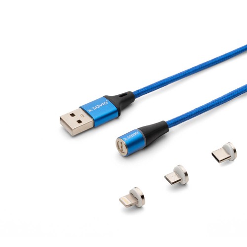 Kabel USB 2.0 SAVIO CL-154 USB – USB Typ C, Micro i Lightning, QC i PD 3.0, magnetyczny, 1m, niebieski - 1038987
