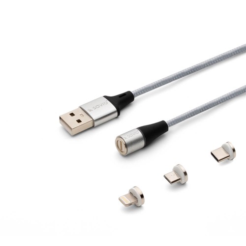 Kabel USB 2.0 SAVIO CL-156 USB – USB Typ C, Micro i Lightning, QC i PD 3.0, magnetyczny, 2m, srebrny - 1038891