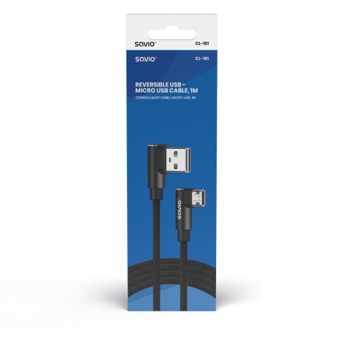 Kabel USB SAVIO CL-161, USB A (M) - Micro USB (M), 1m, kątowy, dwustronny, oplot nylonowy - 1964822