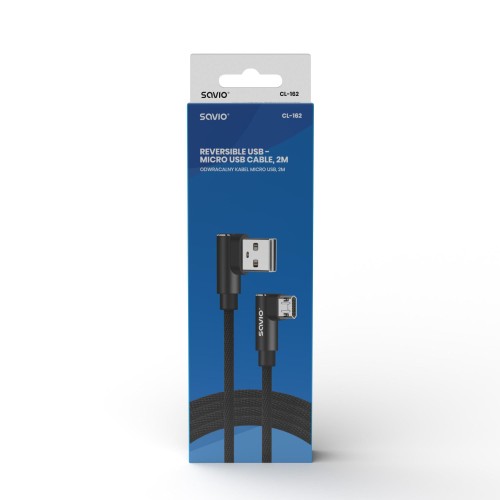 Kabel USB SAVIO CL-162 USB A (M) - Micro USB (M), 2m, kątowy, dwustronny, oplot nylonowy - 1964825