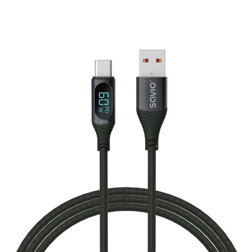 Kabel USB SAVIO CL-172 USB do USB-C, z wyświetlaczem cyfrowym, 1m, czarny - 1175015