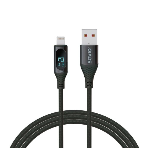 Kabel USB SAVIO CL-173, USB do Lightning, z wyświetlaczem cyfrowym, 1m, czarny - 1175016