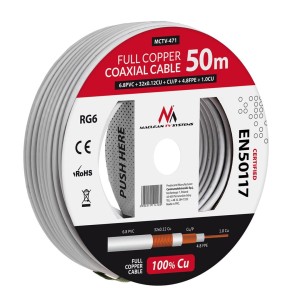 Kabel koncentryczny Maclean MCTV-471 satelitarny, antenowy RG6 50M 1.02CU+4.8FPE+CU/P+32*0.12CU+6.8PVC