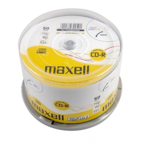 MAXELL CD-R 700MB, 50 szt. w opakowaniu cake (szpindel), szybkość zapisu 52X, 80 min. Płyty wysokiej jakości z możliwością nadruku i nagrywania muzyki. Przeznaczenie Multimedia. - 1969931