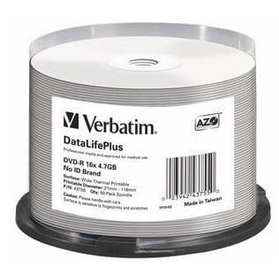 DVD-R Verbatim 4.7GB X16 AZO DL+ printable thermal białe NO ID (50 Cake) - 2093482