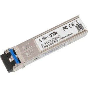 MikroTik | S-31DLC20D | Protokół SFP | Światłowód jednomodowy | Podwójny LC | 10/100/1000 Mbit/s | Długość fali 1310 nm | Maksymalna odległość transferu 20000 m | Od -40 do +70C
