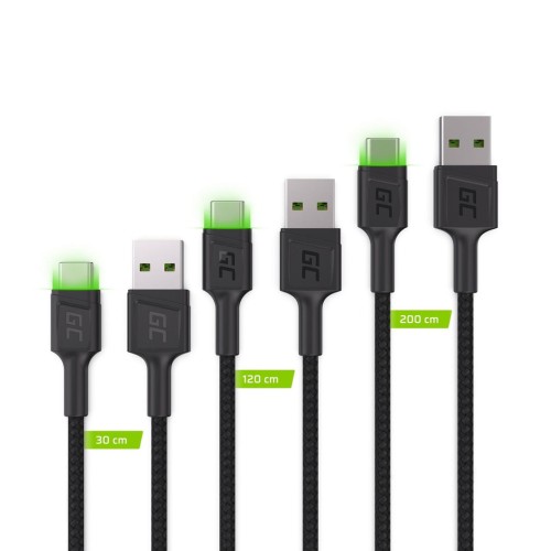 GREENCELL 3x Cable GC Ray USB-C 30cm 120cm 200cm green LED backlight Ultra Charge QC 3.0 - 2210738