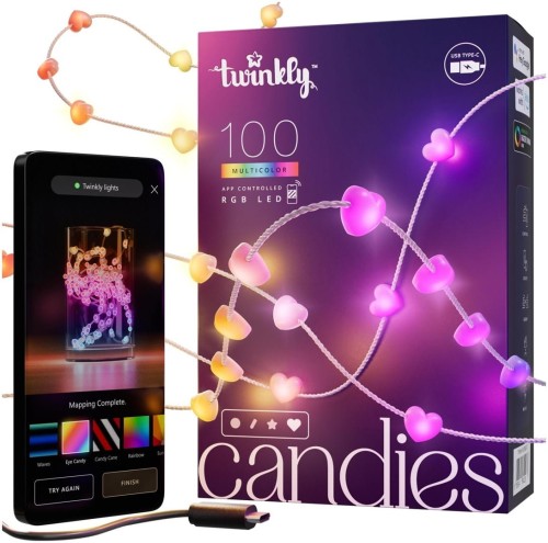 Twinkly Candies – 100 Lampki w kształcie serc RGB LEDs, przezroczysty przewód, USB-C - 2160762