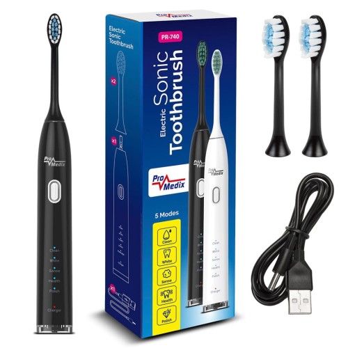 Szczoteczka soniczna do zębów Promedix PR-740 B kolor czarny, 5 trybów, timer, wskaźnik poziomu naładowania baterii 2 końcówki w zestawie - 1883027