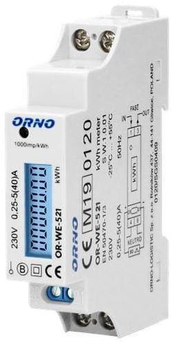 ORNO 1-fazowy licznik energii elektrycznej, 40A, MID, wyjście impulsowe, podświetlenie, 1 moduł - 2112818
