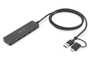 Hub USB 3.0/Koncentrator DIGITUS 4-portowy SlimLine USB A + adapter USB-C 1,2m 5Gbps złącze zasilania USB-C