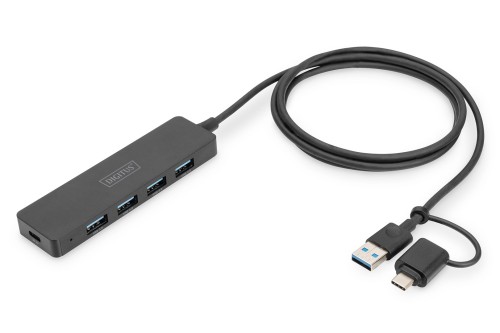 Hub USB 3.0/Koncentrator DIGITUS 4-portowy SlimLine USB A + adapter USB-C 1,2m 5Gbps złącze zasilania USB-C - 2421941
