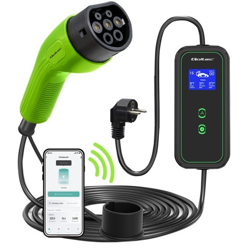 Qoltec 52476 Mobilna ładowarka do samochodu elektrycznego EV z regulacją 2w1 Typ2 | 3.5kW | 230V | Wi-fi | LCD | Przenośna | Wallbox | 5m - 2140345