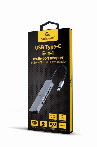 GEMBIRD MULTI ADAPTER USB TYP-C 5W1 (HUB + HDMI + PD + DŹWIĘK STEREO) SREBRNY - 1435367