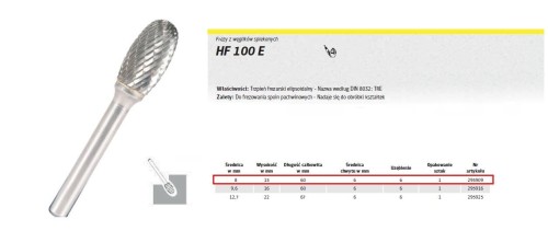 K.FREZ Z WĘG.SPIEKA.HF 100 E /8mm/909 ELIPSA FI=8,0x15mm,TRZ.6mm,TYP TRE - 2502837