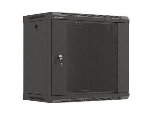 Szafa instalacyjna rack wisząca 19" 9U 540x350 czarna drzwi przeszklone Lanberg (FLAT PACK) - 2465606