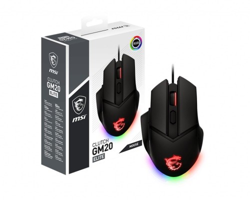 Mysz optyczna klasy gamingowej MSI CLUTCHGM20 ELITE Gaming USB RGB Regulowana do 6400 DPI Laptop stacjonarny - 2510547