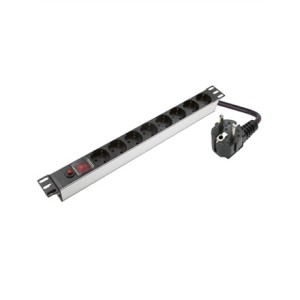 Sieci SOMI | Aluminiowy panel zasilający 1U, 19", 8x Schuko | PDU08SASO | Srebro | Z przełącznikiem i zabezpieczeniem przeciwprzepięciowym; Wejście Schuko; Przewód 1,8 m