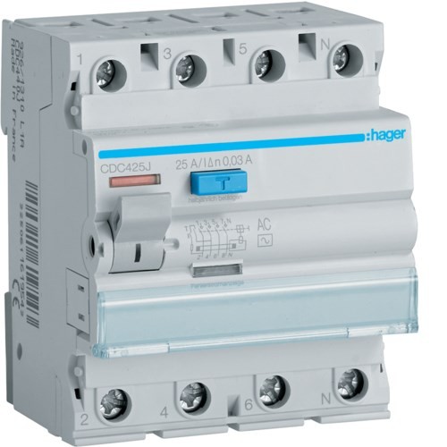 Wyłącznik różnicowoprądowy 4P 25A/30MA HAGER (CDC425J) - 2509560