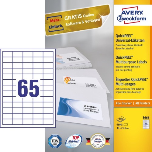 Avery 3666 samoprzylepne etykiety Prostokąt Na stałe Biały 6500 szt. - 2583557