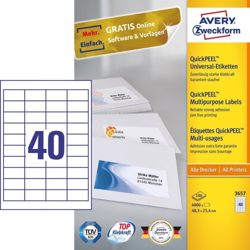 Avery 3657 samoprzylepne etykiety Prostokąt Na stałe Biały 4000 szt. - 2583561