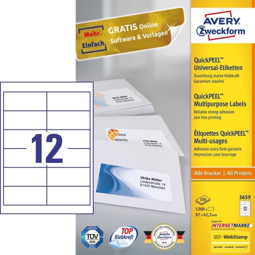 Avery 3659 samoprzylepne etykiety Prostokąt Na stałe Biały 1200 szt. - 2583717