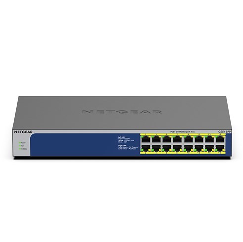 NETGEAR GS516PP Nie zarządzany Gigabit Ethernet (10/100/1000) Obsługa PoE Niebieski, Szary - 1889830
