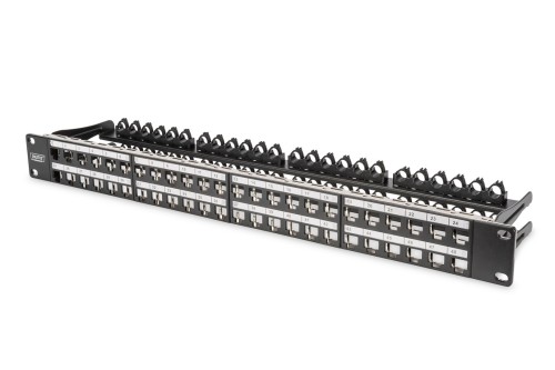 Panel krosowy high density 19" 48x keystone, ekranowany, 1U, czarny, prowadnica kabli,pola opisowe - 1930782
