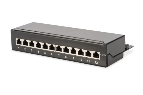 Digitus Panel krosowy (patch panel) desktop (biurkowy) 12x RJ45, LSA poziom, kat.6A, ekranowany, czarny, prowadnica kabli - 1930804