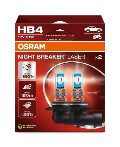 Żarówka (Zestaw 2szt.) HB4 12V 51W P22D, Night Breaker Laser, do 150 m długości wiązki, 150% większa jasność, 20% bielsze światło, biała - 2593393
