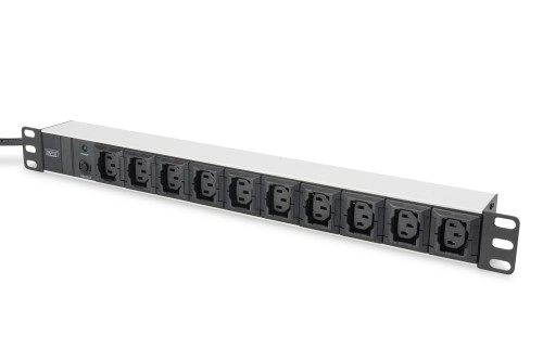 Digitus Listwa zasilająca PDU 19" Rack, 10x gniazdo C13, 2.0m, 1x wtyk C14, 10A, zabezpieczenie przeciążeniowe, profil aluminiowy - 1916531