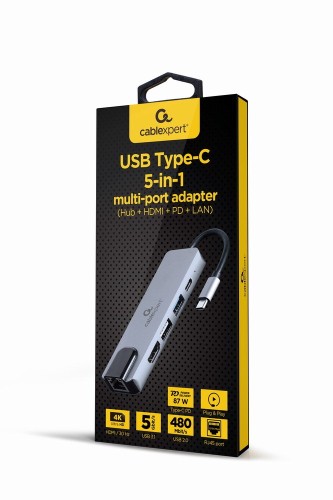 GEMBIRD A-CM-COMBO5-04 MULTI ADAPTER USB TYP-C 5W1 (HUB + HDMI + PD + CZYTNIK KART + LAN) SREBRNY - 1958954