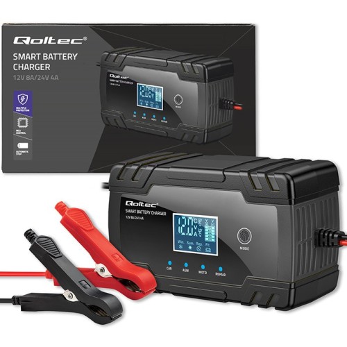 Qoltec 52490 Inteligentna mikroprocesorowa ładowarka 12V 8A | 24V 4A| Prostownik z funkcją naprawy do akumulatora AGM GEL | LCD - 2664011