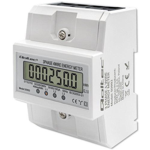 Miernik zużycia enrgii Qoltec na szynę DIN | Trójfazowy elektroniczny licznik | 400V | 100A | LCD | 4P - 2661971