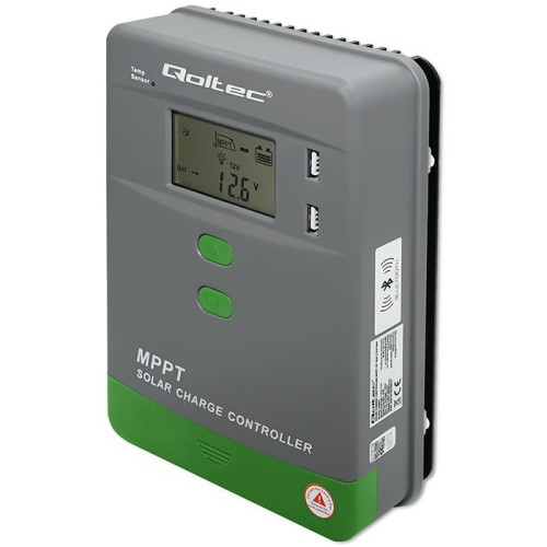 Solarny regulator ładowania MPPT z czujnikiem temperatury Qoltec 30A 12V/24V LCD 2xUSB Bluetooth APP GEL LiFePO4 - 2664102