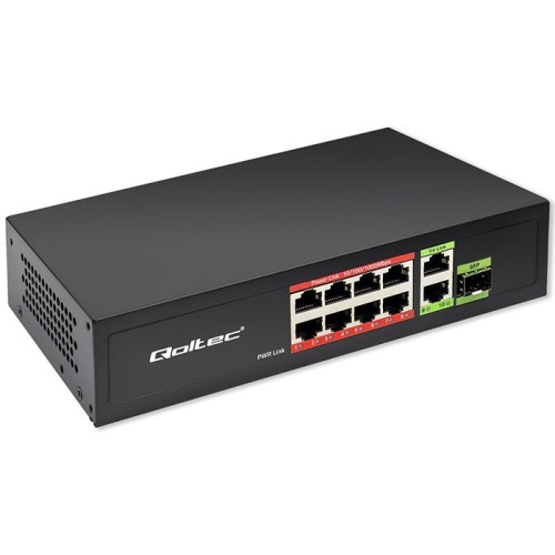 Switch niezarządzalny Qoltec przełącznik sieciowy FAST Ethernet 8x RJ45 PoE 2x RJ45 Uplink 1x SFP | 120W | 1000 Mb/s - 2665469