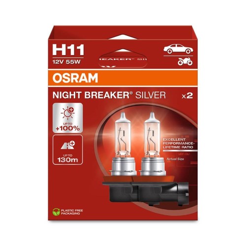 Żarówka (Zestaw 2szt.) H11 12V 55W PGJ 19-2 do 100% większa jasność, do 130 m. wiązki światła Night Breaker Silver - 2670484
