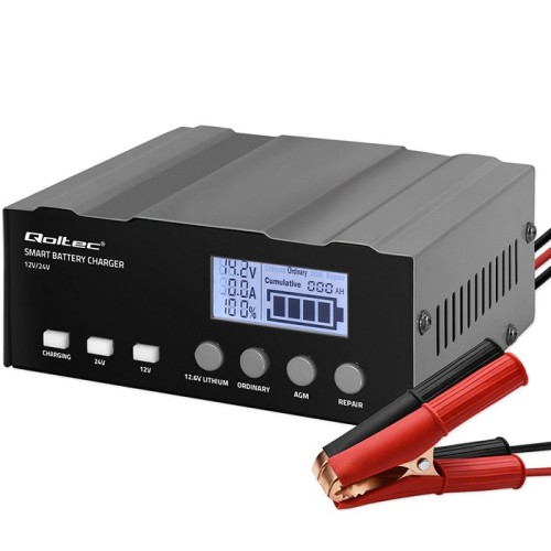 Qoltec Inteligentna mikroprocesorowa ładowarka 12V | 12.6V | 24V | Prostownik z funkcją naprawy do AGM GEL | LCD - 2696718