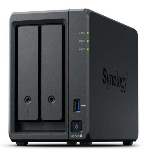 NAS Synology DS725+, Tower, 2x 2.5"/3.5" SATA + 2x M.2 2280 NVMe SSD; AMD Ryzen R1600; 4GB DDR4 (max.32GB), 1x 1GbE RJ-45, 1x 2.5GbE RJ-45, 1x USB 3.2, adapter 65W - 2711104